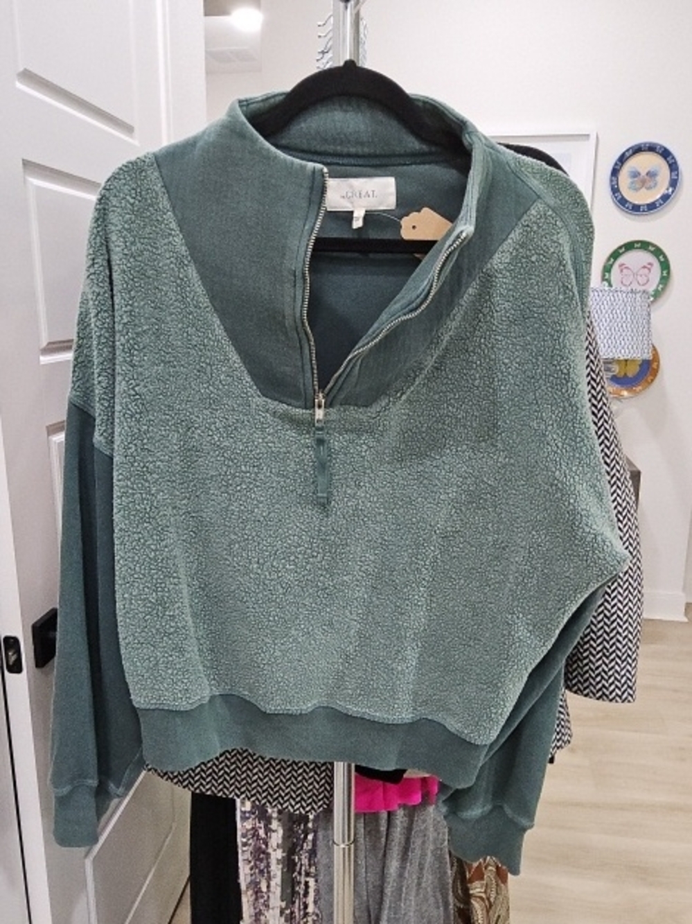 THE GREAT. Dusty Teal Sherpa Quarter-Zip Pullover